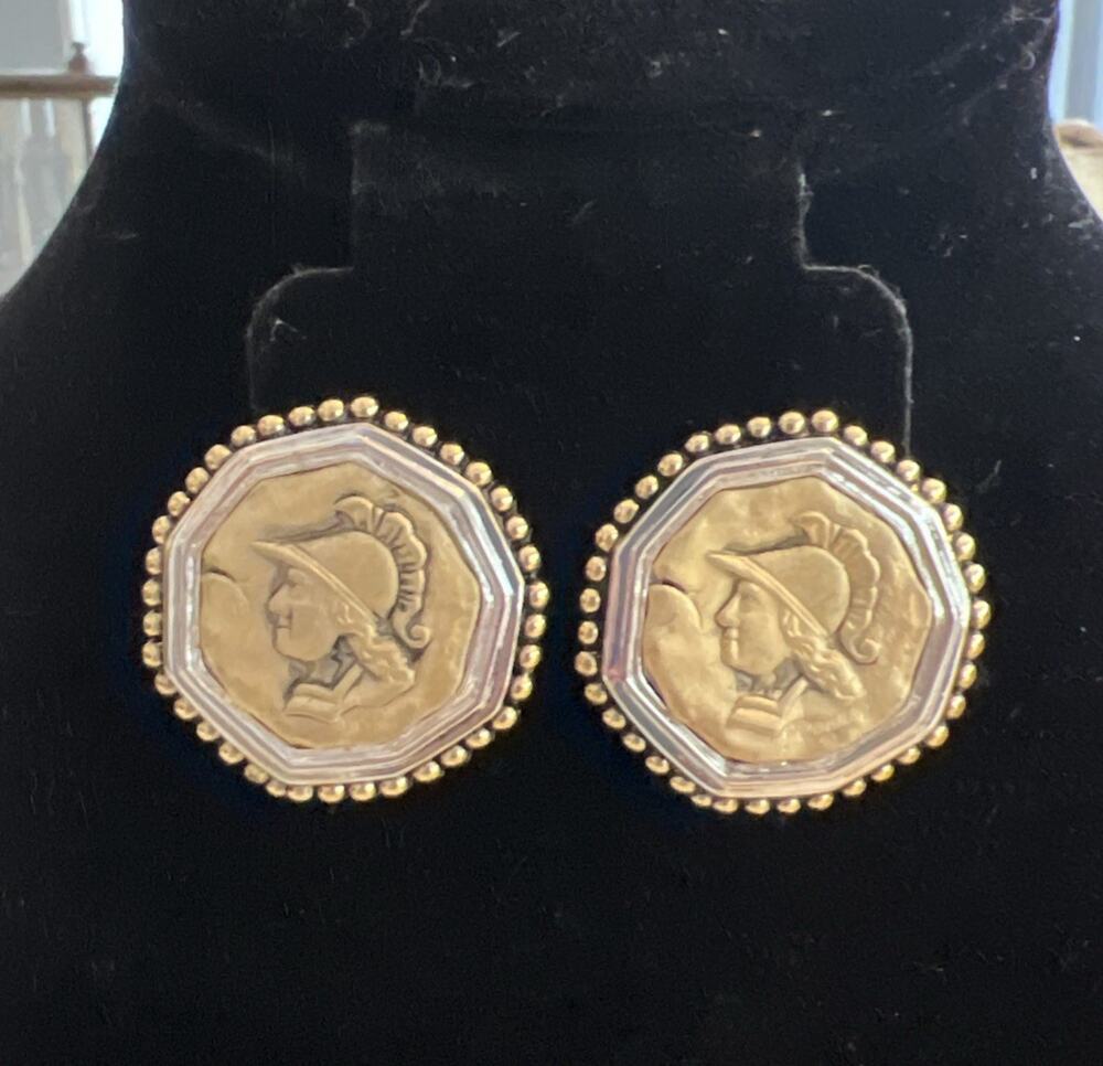 Vintage Roman greek Coin Earrings Caesar Revival Gold Tone Clip Clip On 80s 90s